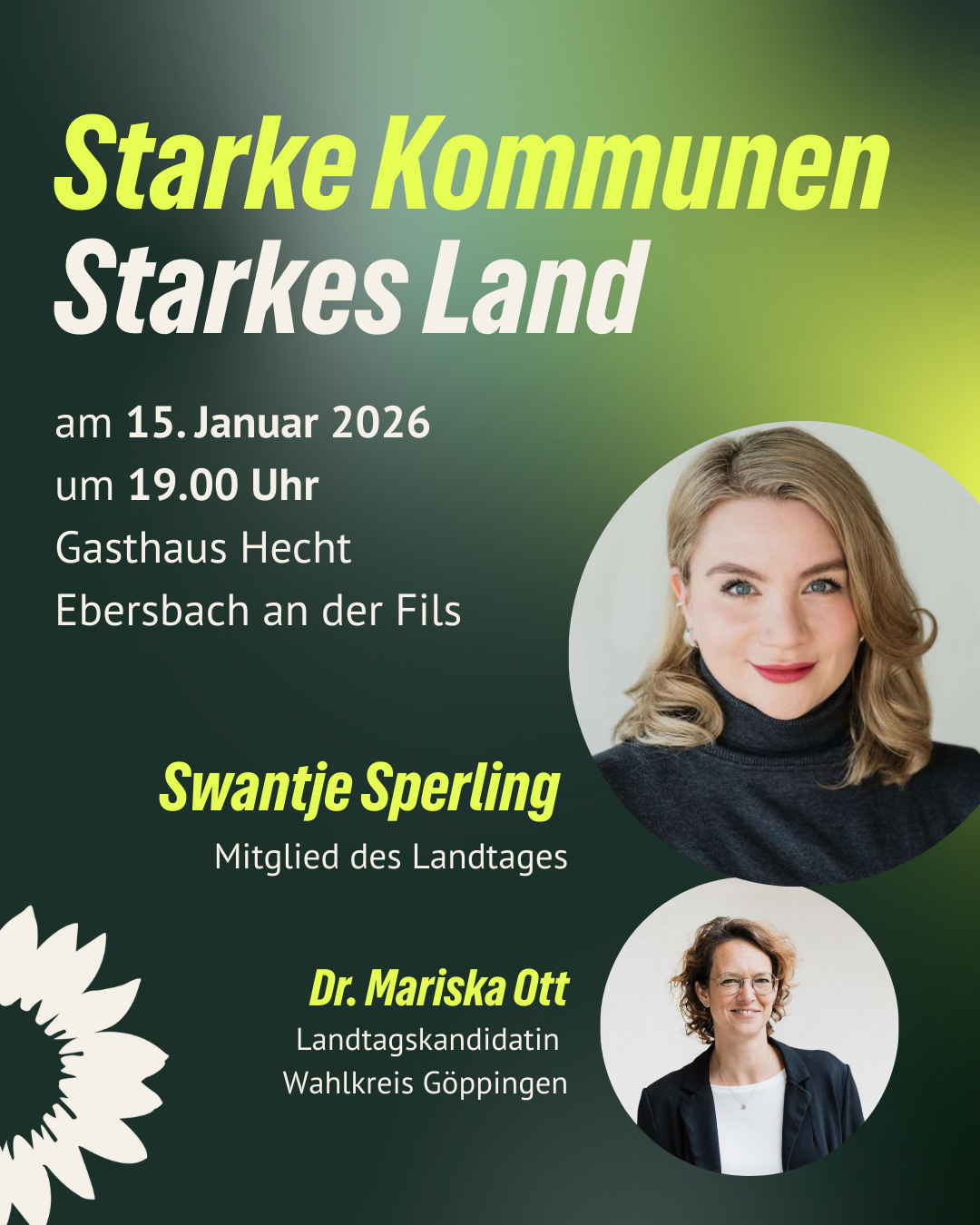 Veranstaltungsankündigung: Starke Kommunen, starkes Land am 15. Januar 2026 um 19 Uhr im Gasthaus Hecht in Ebersbach mit Swantje Sperling, Mitglied des Landtags, und Dr. Mariska Ott, Landtagskandidatin im Wahlkreis Göppingen.